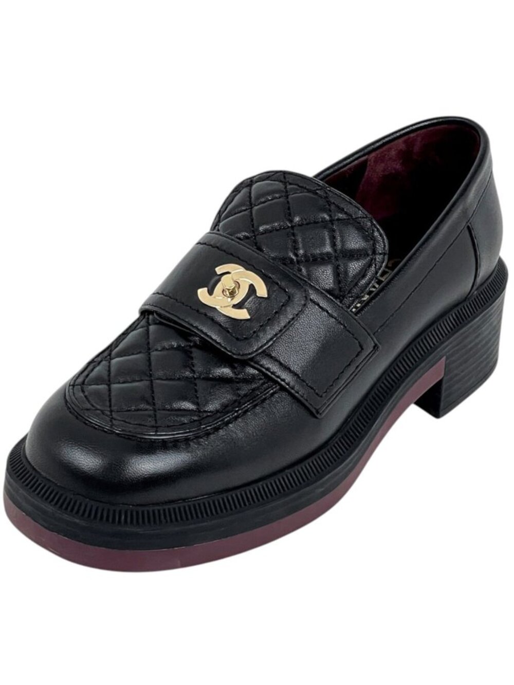 Chanel CC Logo Loafers Shoes Quilted Leather Black
